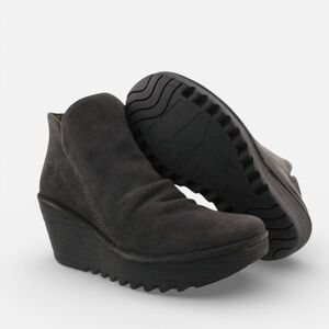 Fly London Yip Wedge Bootie in Diesel Oil Suede (Black) Size EU 40; US 9-9.5
